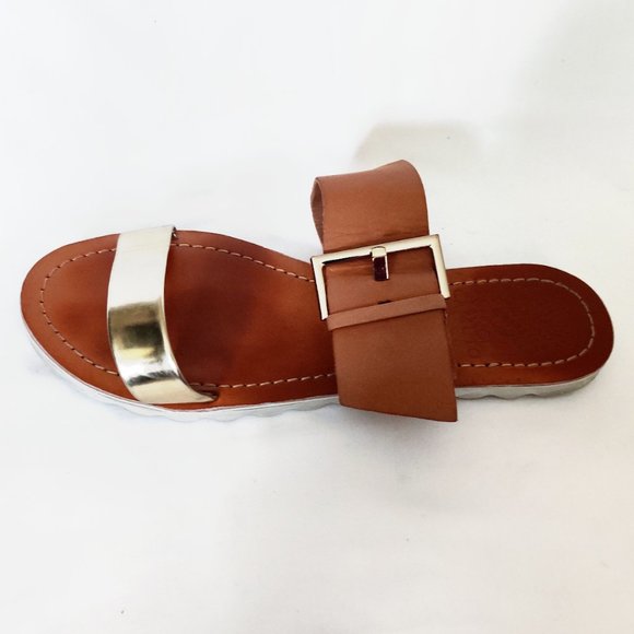 EUC Vince Camuto Brown & Gold Flat Leather Sandals with Buckle 6 36 37 - Picture 2 of 4
